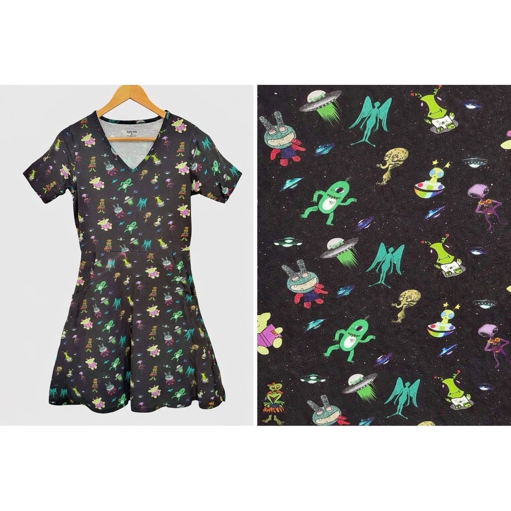 Svaha Twirl Dress Womens Size S Alien UFO‎ Print Black Organic Cotton USA